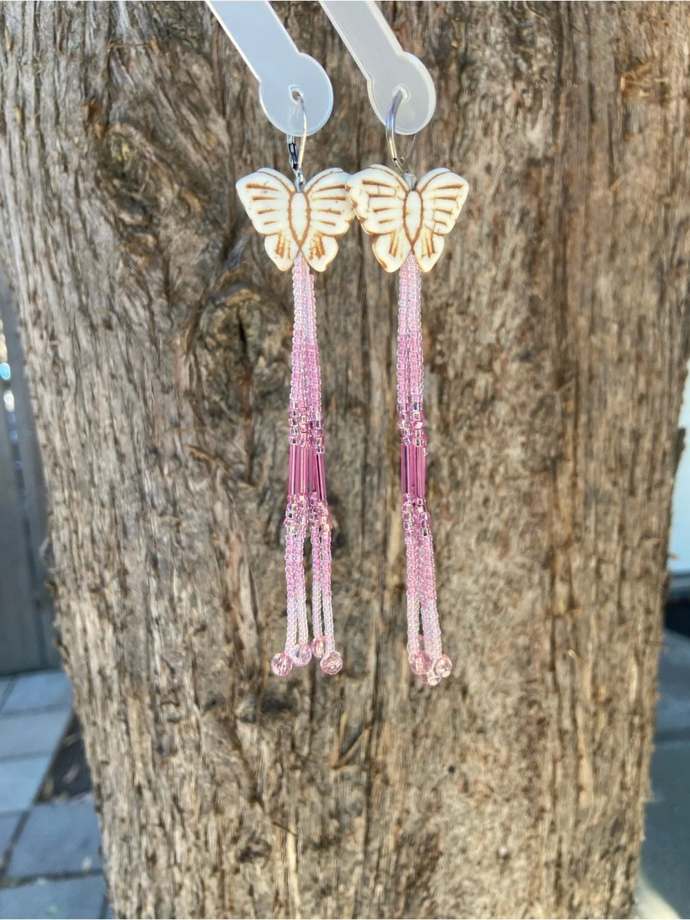 Butterfly Tassel Beaded Drop Earrings - Pink & White